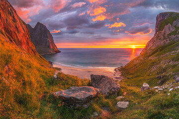 Wall Mural - beautiful sunset at kvalvika beach on the lofoten islands in norway