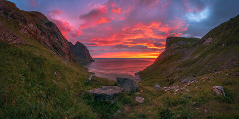 Wall Mural - beautiful sunset at kvalvika beach on the lofoten islands in norway