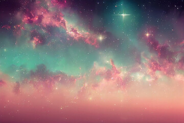 Space sky with stars and pink clouds, futuristic abstract background