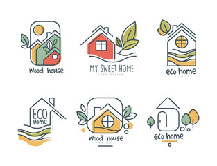 Sticker - Eco Home or Eco-house Logo Design with Green Leaf Vector Set