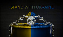 stand with ukraine bull's head with a metal chain in the colors of the flag of Ukraine as a symbol of support