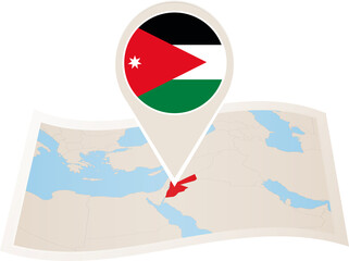 Wall Mural - Folded paper map of Jordan with flag pin of Jordan.