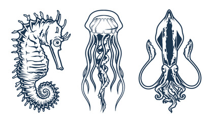 Poster - Ocean fauna monochrome set stickers