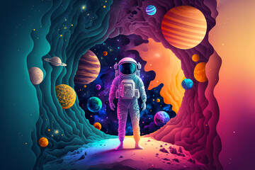 illustration of an astronaut with universe background, generative ai