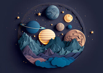 Wall Mural - beautiful illustration paper craft style of astronomy space scenic ,planet, star,