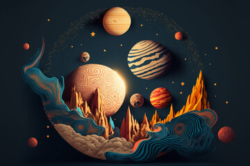 Wall Mural - beautiful illustration paper craft style of astronomy space scenic ,planet, star,