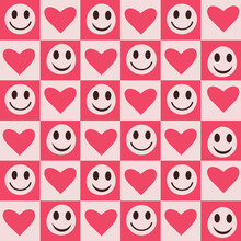 Cute Hearts And Happy Faces On White And Red Checkerboards Seamless Pattern. For Valentine Wrapping Paper, Stationary And Textile 