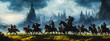 Painting of a knights on horseback in a fantasy landscape, charging onto the battlefield.Generative AI