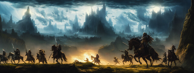 Wall Mural - Painting of a knights on horseback in a fantasy landscape, charging onto the battlefield.Generative AI