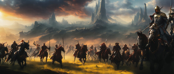 Wall Mural - Painting of a knights on horseback in a fantasy landscape, charging onto the battlefield.Generative AI