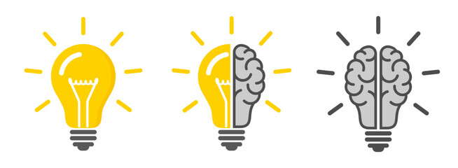 light bulb and brain icon set