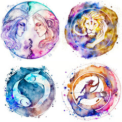 set of zodiac astrological signs, gemini, leo, pisces and sagittarius, in soft pastel colors, on a w