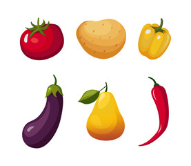 Wall Mural - Tomato, Potato, Pepper, Eggplant, Pear and Chili Ripe Fruit and Vegetable as Organic Food Vector Set