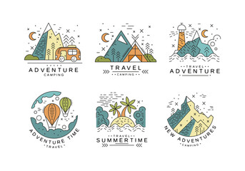 Wall Mural - Summer Travel and Adventure with Mountain, Camp, Van and Hot Air Balloon Line Vector Set