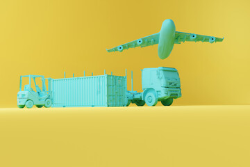 Wall Mural - A forklift truck, a truck transporting wood and an airplane in the background on a solid background. Concept of transporting heavy materials. Global material transport. 3d render, 3d illustration.