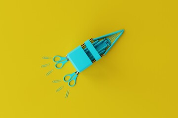 Canvas Print - Blue school supplies forming a racket against a yellow background. Back to school concept. 3d render.