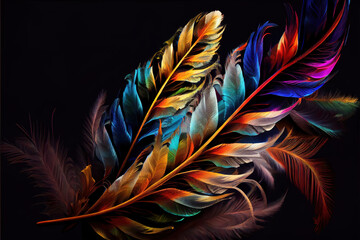 Wall Mural - abstract colorful feathers on black as header background
