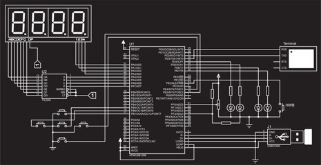 Wall Mural - The vector  electrical schematic diagram of a digital usb
information output device,
operating under the control of an microcontroller.
Vector drawing of an electronic device in a1 format.