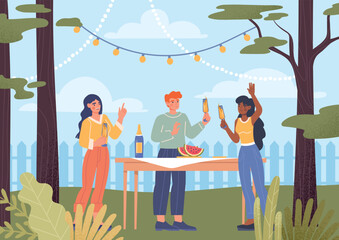 Garden party concept. Man and girl with alcoholic drink and pieces of watermelon on table. Event and outdoor activities, holiday and festival, picnic on nature. Cartoon flat vector illustration