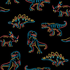 Wall Mural - Vector Dinosaurs Seamless Pattern | Cartoon Dinosaurs Kids Seamless Repeat Design | Dinos in Neon Colors Seamless Pattern