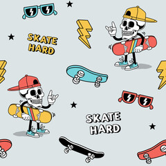 Wall Mural - Vector Skateboard Seamless Pattern | Cartoon Kids Seamless Repeat Design | Hand Drawn Skateboarding Seamless Pattern