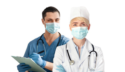 Portraits Of Male And Female Medical Workers Posing On White Background