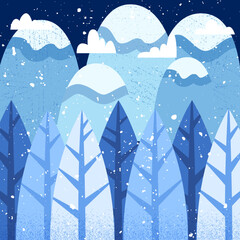 Wall Mural - Winter Night Forest Mountain. Vector Illustration of Snow Landscape Background.