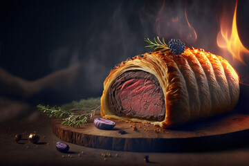 illustration of close-up Beef Wellington hot with flame