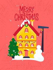 Sticker - Red Merry Christmas Poster. Vector Illustration of Seasonal Greetings. Holiday Celebration.