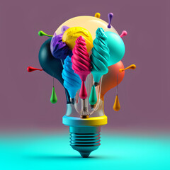 Wall Mural - a colorful idea light bulb lamp with balloons, visualization of brainstorming, bright idea and creative thinking, generative ai