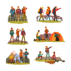 Sticker - People Characters with Backpack Engaged in Hiking and Trekking Having Camp Adventure Vector Set