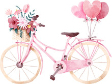 Pink Bicycle With Flowers And Balloons For Valentines Day