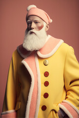 Contemporary dressed, modern hipster Santa Claus in a pastel pink and yellow coat. A vintage portrait handsome man with a white beard. Fairytale Christmas holidays. Generative AI, Illustration.