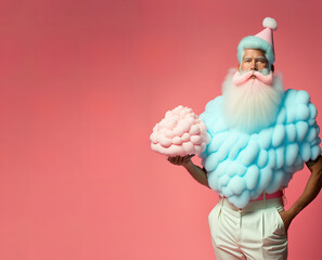 Santa Claus abstract pastel portrait dressed entirely in woolen clothes or sugar foam costume. Delicious and sweet Christmas holidays. Illustration, Generative AI.