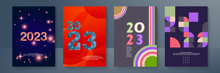 2023 colorful set of Happy New Year poster. Abstract design typography logo 2023 for vector celebration and season decoration, backgrounds, branding, banner, cover, card and or social media template.