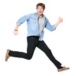 © Maridav - Jumping man happy excited. Funny portrait on young casual male model in humorous jump on isolated cutout PNG on transparent background.