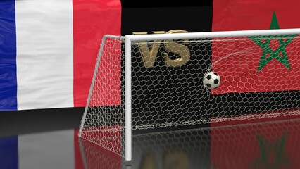 Wall Mural - Soccer Ball in the Goal Net with French Republic vs Kingdom of Morocco waving flags. 3D illustration. 3D CG. High resolution.