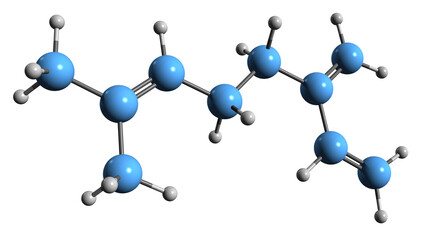 Poster -  3D image of Myrcene skeletal formula - molecular chemical structure of  essential oils monoterpene isolated on white background