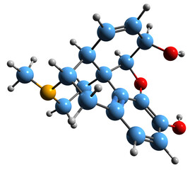 Sticker -  3D image of Morphine skeletal formula - molecular chemical structure of strong opiate isolated on white background