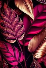 Floral Gold Magenta Abstract Background. Decorative Tree Leaves, Fuchsia Pink And Golden Shiny Texture. Vertical Floral Gold Magenta Abstract Pattern.