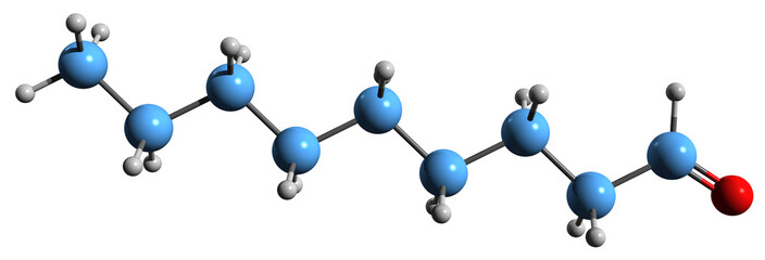 Poster -  3D image of Nonanal skeletal formula - molecular chemical structure of Nonanaldehyde isolated on white background