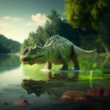 Big Prehistoric Tyrannosaurus Dinosaur Walks On Water In Green Jungle, Generative AI