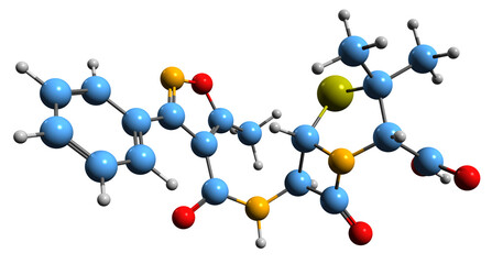 Wall Mural -  3D image of Oxacillin skeletal formula - molecular chemical structure of  beta-lactam antibiotic isolated on white background
