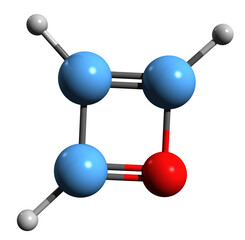 Sticker -  3D image of Oxetene skeletal formula - molecular chemical structure of 1-Oxacyclobut-2-ene isolated on white background