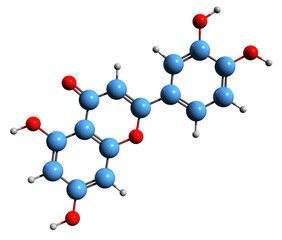 Sticker -  3D image of Orobol skeletal formula - molecular chemical structure of  isoflavone Isoluteolin isolated on white background