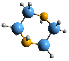 Poster -  3D image of Piperazine skeletal formula - molecular chemical structure of Hexahydropyrazine isolated on white background