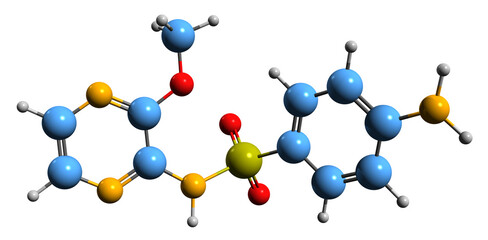 Poster -  3D image of Sulfalene skeletal formula - molecular chemical structure of sulfonamide isolated on white background
