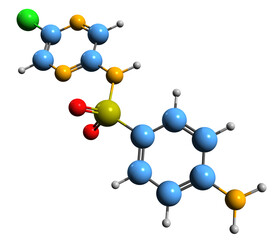 Poster -  3D image of Sulfachloropyrazine skeletal formula - molecular chemical structure of sulfonamide isolated on white background
