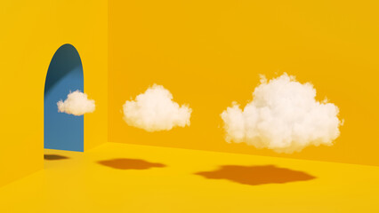 Wall Mural - 3d rendering, abstract minimalist yellow background with the row of three white clouds flying out the tunnel