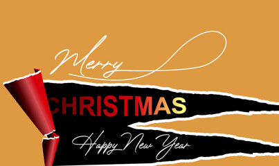 set merry christmas and happy new year, realistic curved paper roll ribbon banner isolated on black background. make holes in the paper by tearing it, set realistic, on a background of torn paper.